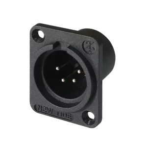 Newtide XR0056-4P 4-pole XLR male chassis connector with solder cups for wire connection, 3.2mm mounting holes and black thermoplastic housing.