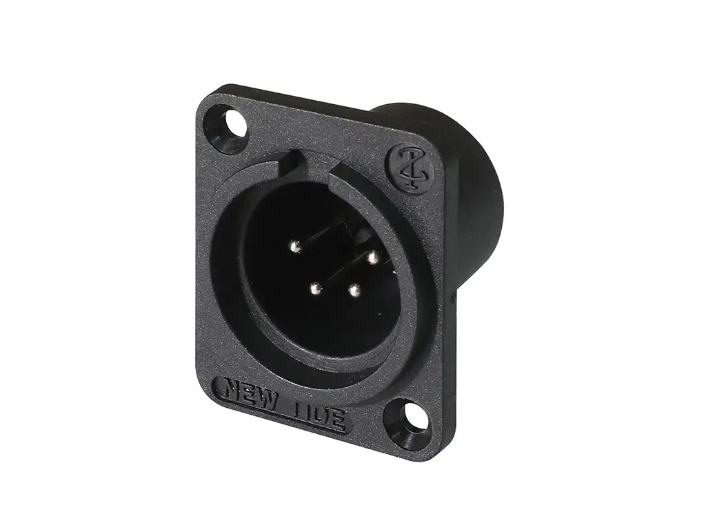 Newtide XR0057-4P 3-pole XLR male chassis connector with solder cups for wire connection, 2.8mm mounting holes and black thermoplastic housing.