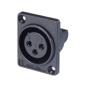 Newtide XR0070-3P 3-pole XLR female chassis connector, vertical PCB mount with 2.5mm mounting holes, for e-bike battery charging, high current thermoplastic housing.