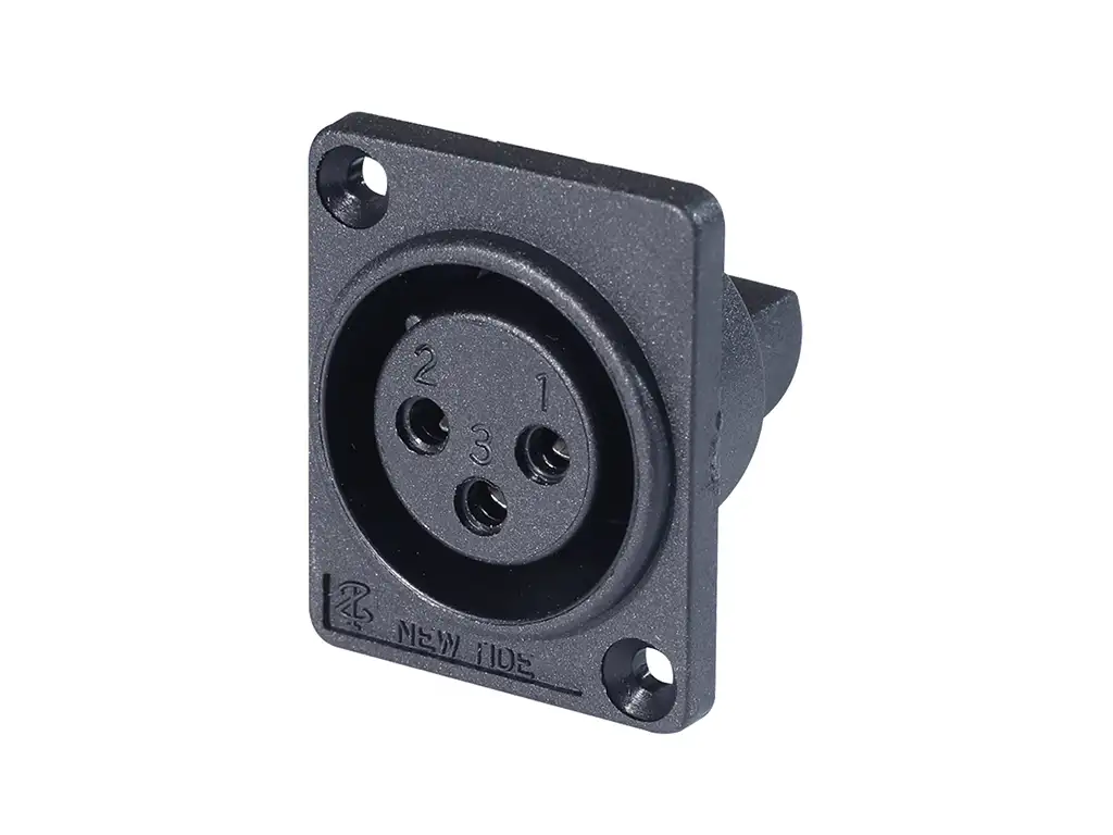 Newtide XR0070-3P 3-pole XLR female chassis connector, vertical PCB mount with 2.5mm mounting holes, for e-bike battery charging, high current thermoplastic housing.