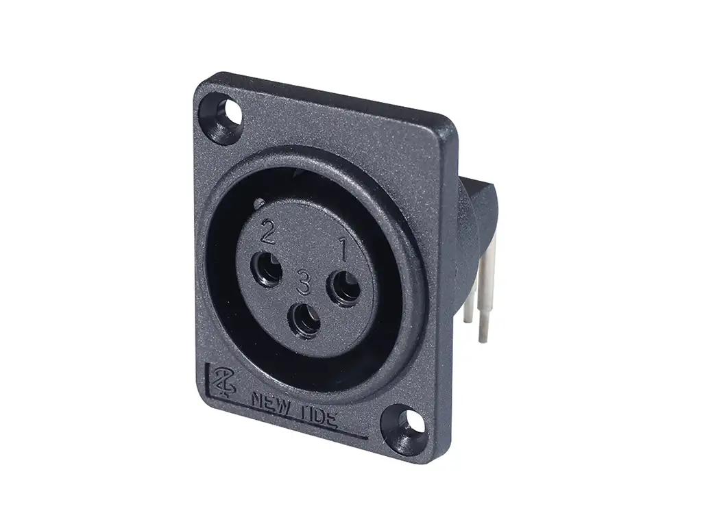 Newtide XR0071-3P 3-pole XLR male chassis connector, horizontal PCB mount with 2.5mm mounting holes, for e-bike battery charging, high current thermoplastic housing.