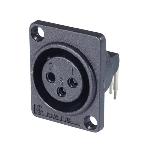 Newtide XR0072-3P 3-pole XLR male chassis connector, horizontal PCB mount with 3.5mm mounting holes, for e-bike battery charging, high current thermoplastic housing.