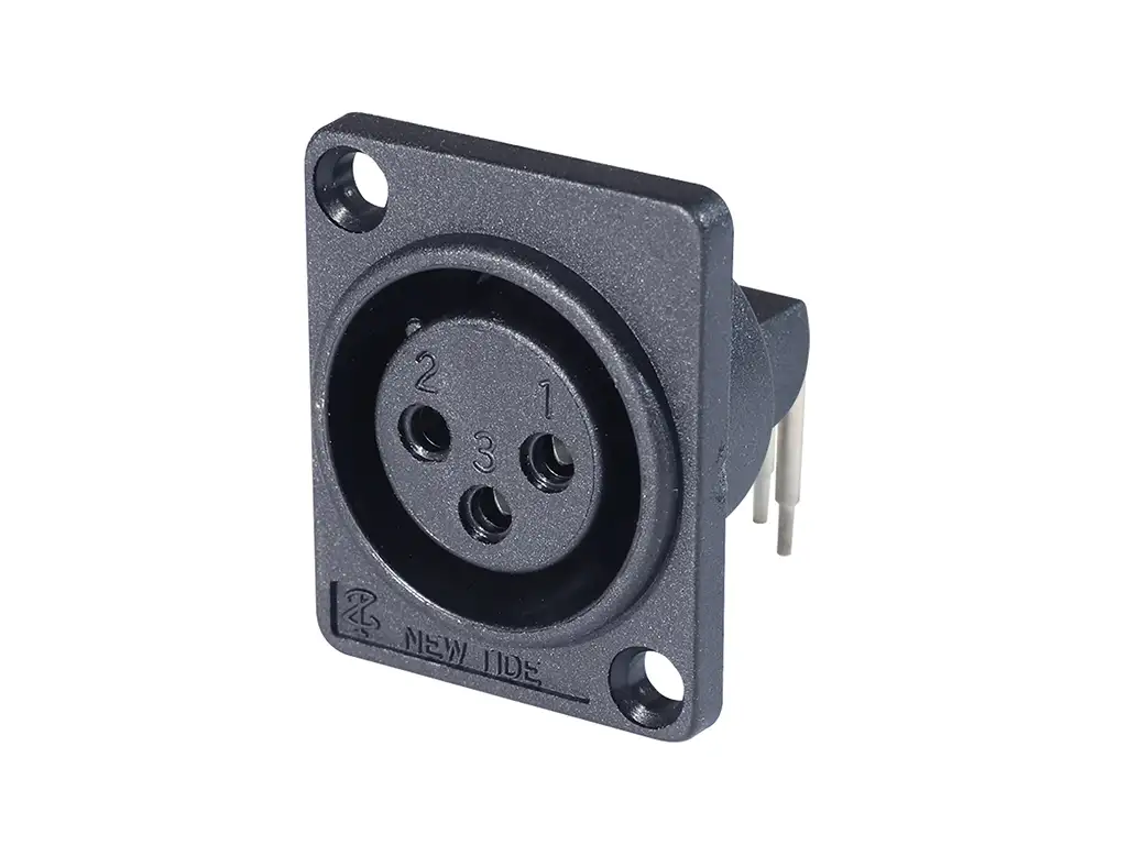 Newtide XR0072-3P 3-pole XLR male chassis connector, horizontal PCB mount with 3.5mm mounting holes, for e-bike battery charging, high current thermoplastic housing.