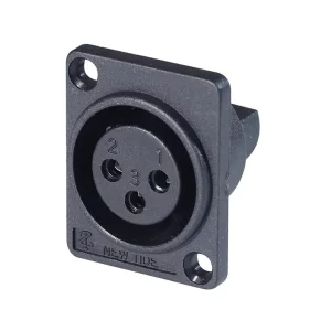 Newtide XR0074-3P 3-pole XLR male chassis connector with solder cups for wire connection, 3.5mm mounting holes, for e-bike battery charging, high current thermoplastic housing.