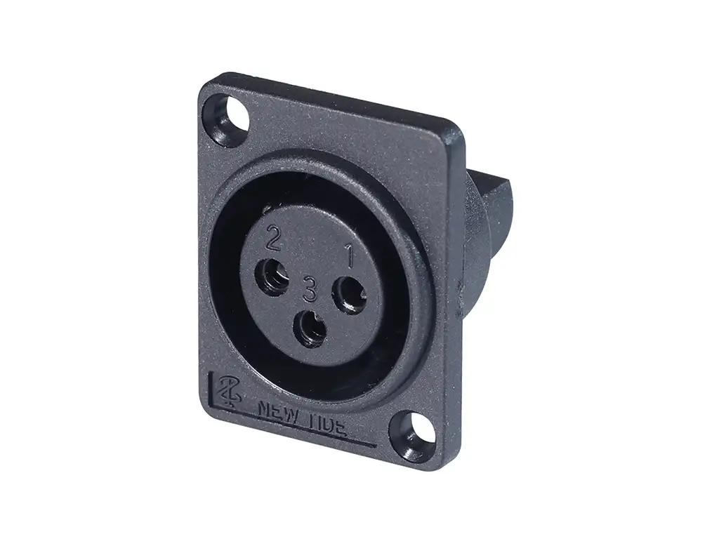 Newtide XR0074-3P 3-pole XLR male chassis connector with solder cups for wire connection, 3.5mm mounting holes, for e-bike battery charging, high current thermoplastic housing.