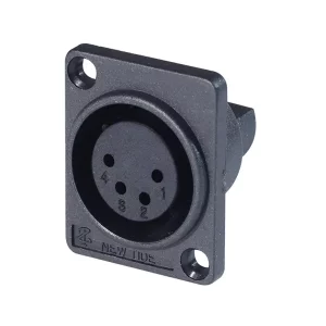 Newtide XR0074-4P 4-pole XLR male chassis connector with solder cups for wire connection, 3.5mm mounting holes, for e-bike battery charging, high current thermoplastic housing.