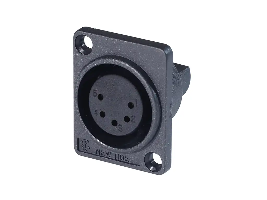 Newtide XR0074-5P 5-pole XLR male chassis connector with solder cups for wire connection, 3.5mm mounting holes, for e-bike battery charging, high current thermoplastic housing.