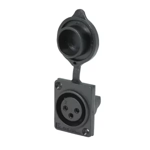 Newtide XR0075-3P 3-pole XLR female chassis connector with solder cups for wire connection, 2.5mm mounting holes, for e-bike battery charging, high current thermoplastic housing with dust cover.