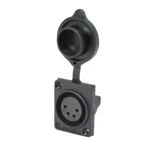 Newtide XR0075-4P 4-pole XLR female chassis connector with solder cups for wire connection, 2.5mm mounting holes, for e-bike battery charging, high current thermoplastic housing with dust cover.