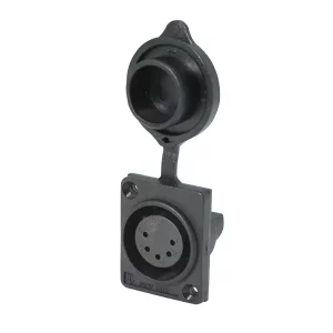 Newtide XR0075-5P 5-pole XLR female chassis connector with solder cups for wire connection, 2.5mm mounting holes, for e-bike battery charging, high current thermoplastic housing with dust cover.