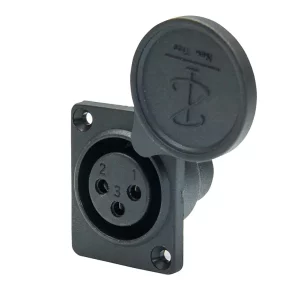 Newtide XR0090-3P 3-pole XLR female chassis connector for e-bike battery charging, high current thermoplastic housing with dust cover.