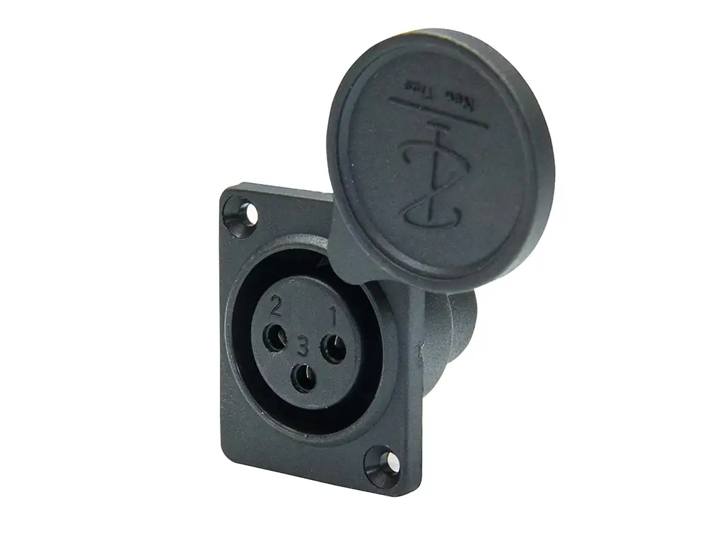 Newtide XR0090-3P 3-pole XLR female chassis connector for e-bike battery charging, high current thermoplastic housing with dust cover.