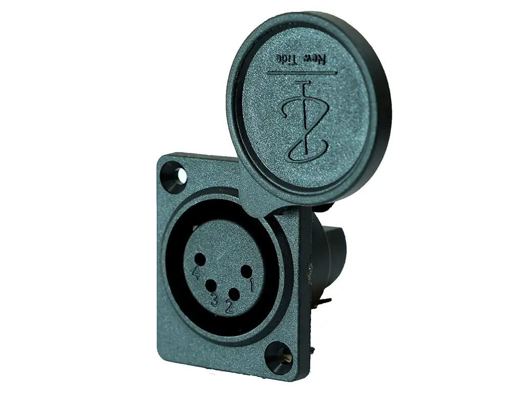 Newtide XR0090-4P 4-pole XLR female chassis connector for e-bike battery charging, high current thermoplastic housing with dust cover.