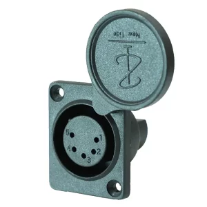 Newtide XR0090-5P 5-pole XLR female chassis connector for e-bike battery charging, high current thermoplastic housing with dust cover.