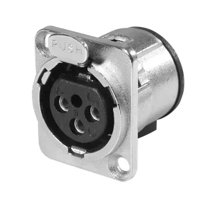 Newtide XR0170-3P 3-pole locking XLR female chassis connector with nickel-plated D-shape metal housing , vertical PCB mount.