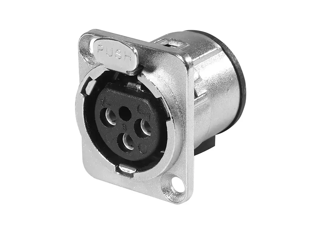 Newtide XR0170-3P 3-pole locking XLR female chassis connector with nickel-plated D-shape metal housing , vertical PCB mount.