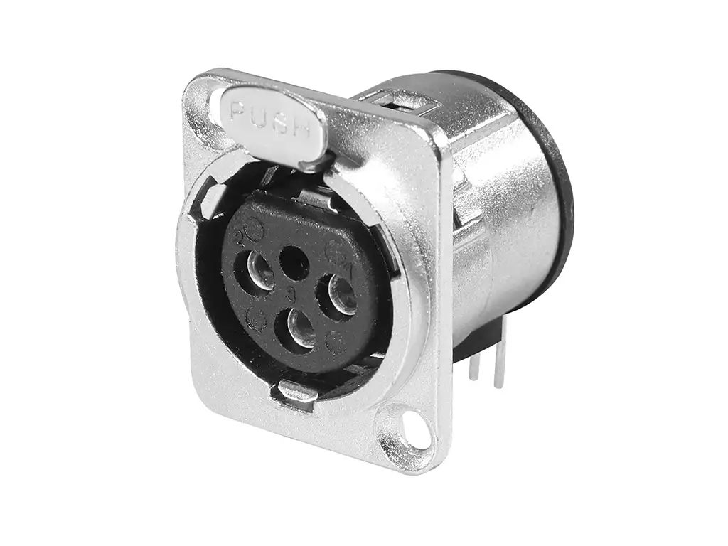 Newtide XR0171-3P 3-pole locking XLR female chassis connector with nickel-plated D-shape metal housing , horizontal PCB mount.