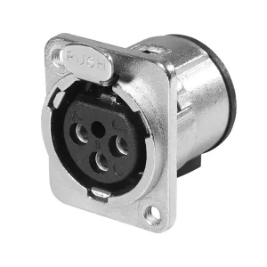 Newtide XR0173-3P 3-pole locking XLR female chassis connector with nickel-plated D-shape metal housing , vertical PCB mount, M3 screw hole.