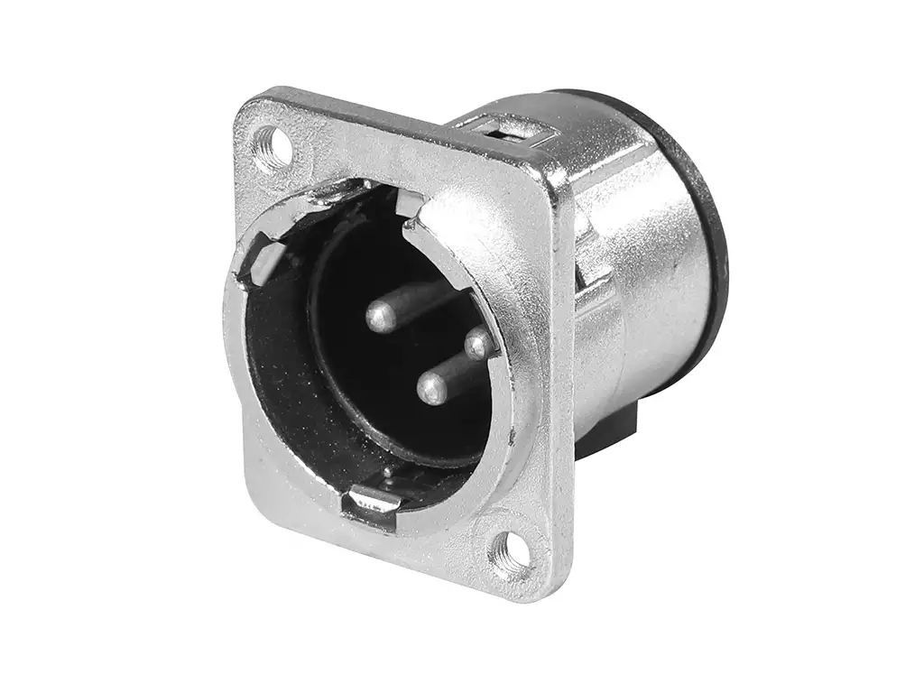 Newtide XR0183-3P 3-pole XLR male chassis connector with nickel-plated D-shape metal housing, vertical PCB mount, M3 screw hole.