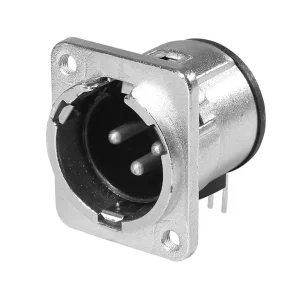 Newtide XR0184-3P 3-pole XLR male chassis connector with nickel-plated D-shape metal housing , horizontal PCB mount, M3 screw hole.