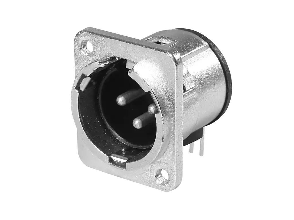 Newtide XR0184-3P 3-pole XLR male chassis connector with nickel-plated D-shape metal housing , horizontal PCB mount, M3 screw hole.