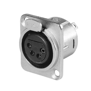 Newtide XR0270-4P 4-pole locking XLR female chassis connector with nickel-plated D-shape metal housing.