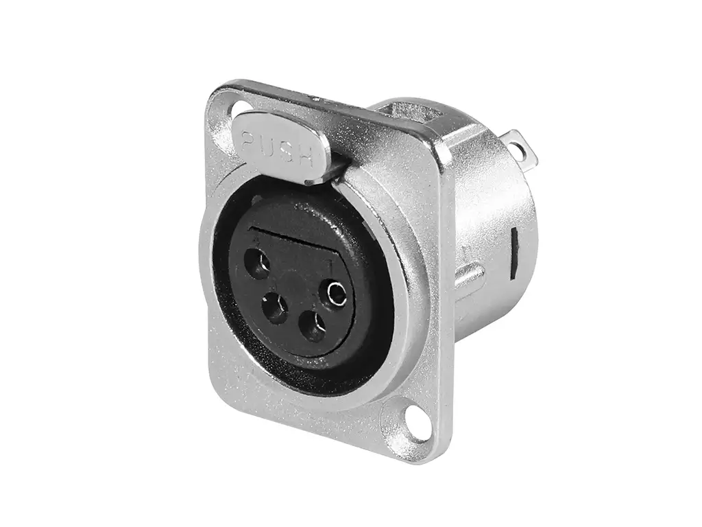 Newtide XR0270-4P 4-pole locking XLR female chassis connector with nickel-plated D-shape metal housing.
