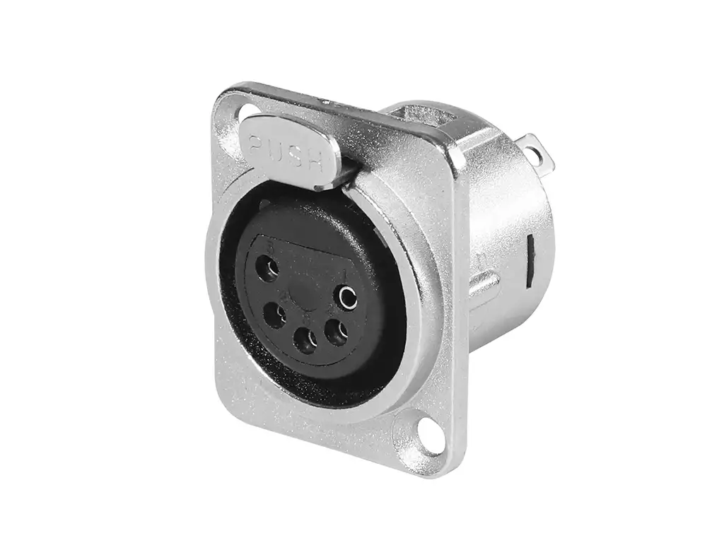 Newtide XR0270-5P 5-pole locking XLR female chassis connector with nickel-plated D-shape metal housing.