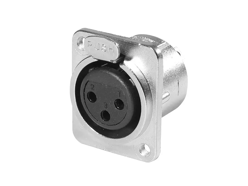 Newtide XR0271-3P 3-pole locking XLR female chassis connector with nickel-plated D-shape metal housing, M3 screw hole.