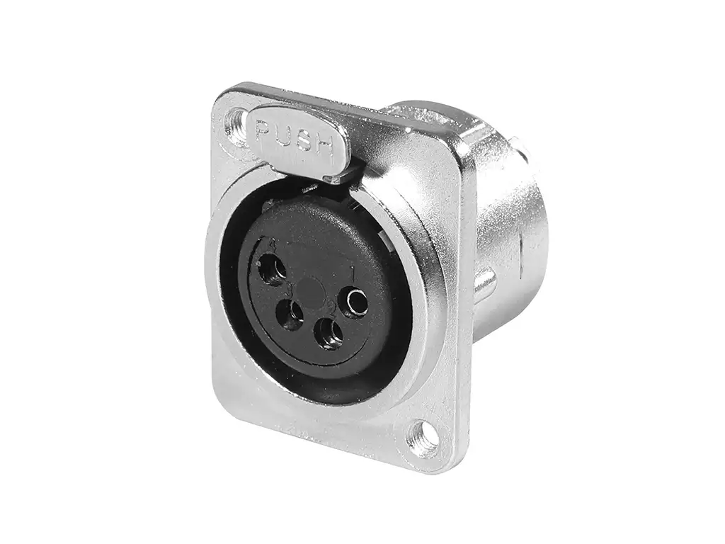 Newtide XR0271-4P 4-pole locking XLR female chassis connector with nickel-plated D-shape metal housing, M3 screw hole.