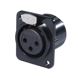 Newtide XR0271B-3P 3-pole locking XLR female chassis connector with black-plated D-shape metal housing, M3 screw hole.