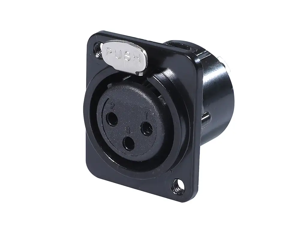 Newtide XR0271B-3P 3-pole locking XLR female chassis connector with black-plated D-shape metal housing, M3 screw hole.
