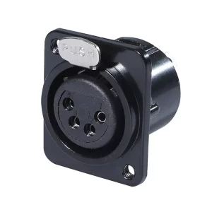 Newtide XR0271B-4P 4-pole locking XLR female chassis connector with black-plated D-shape metal housing, M3 screw hole.