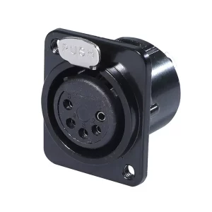 Newtide XR0271B-5P 5-pole locking XLR female chassis connector with black-plated D-shape metal housing, M3 screw hole.