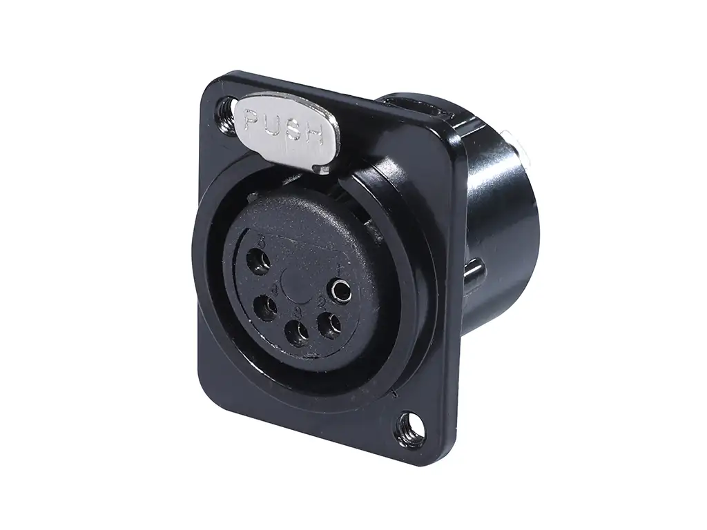 Newtide XR0271B-5P 5-pole locking XLR female chassis connector with black-plated D-shape metal housing, M3 screw hole.