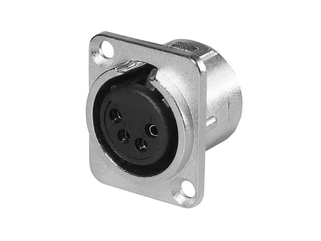 Newtide XR0275-4P 4-pole XLR female chassis connector with retention spring (no push latch), nickel-plated D-shape metal housing.