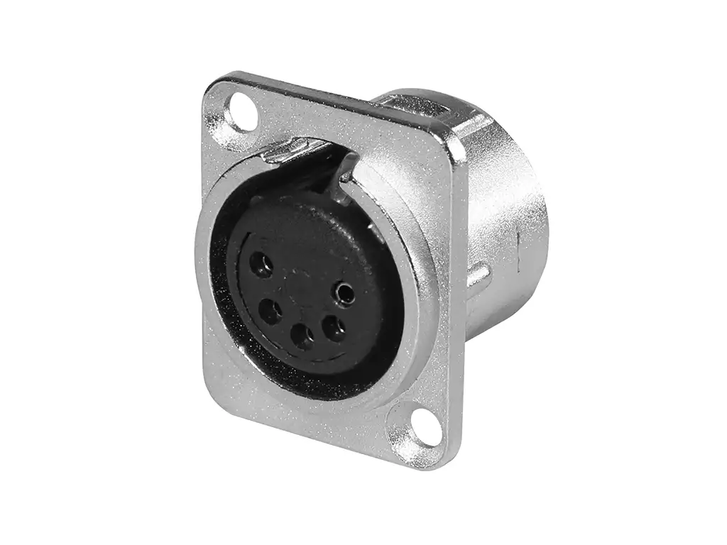 Newtide XR0275-5P 5-pole XLR female chassis connector with retention spring (no push latch), nickel-plated D-shape metal housing.