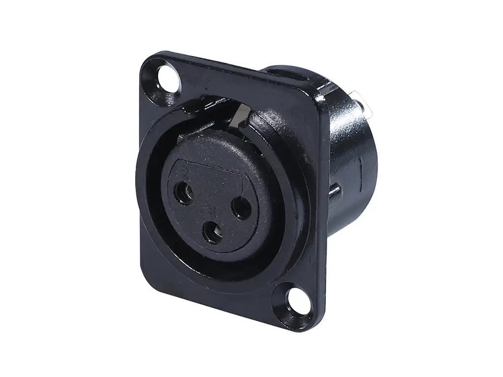Newtide XR0275B-3P 3-pole XLR female chassis connector with retention spring (no push latch), black-plated D-shape metal housing.