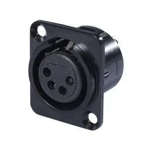 Newtide XR0275B-4P 4-pole XLR female chassis connector with retention spring (no push latch), black-plated D-shape metal housing.