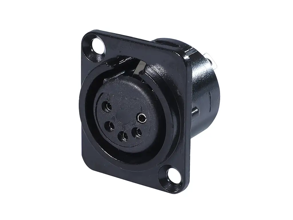 Newtide XR0275B-5P 5-pole XLR female chassis connector with retention spring (no push latch), black-plated D-shape metal housing.
