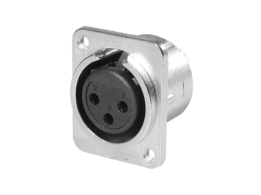 Newtide XR0276-3P 3-pole XLR female chassis connector with retention spring (no push latch), nickel-plated D-shape metal housing, M3 screw hole.