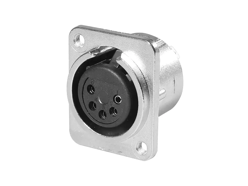 Newtide XR0276-5P 5-pole XLR female chassis connector with retention spring (no push latch), nickel-plated D-shape metal housing, M3 screw hole.