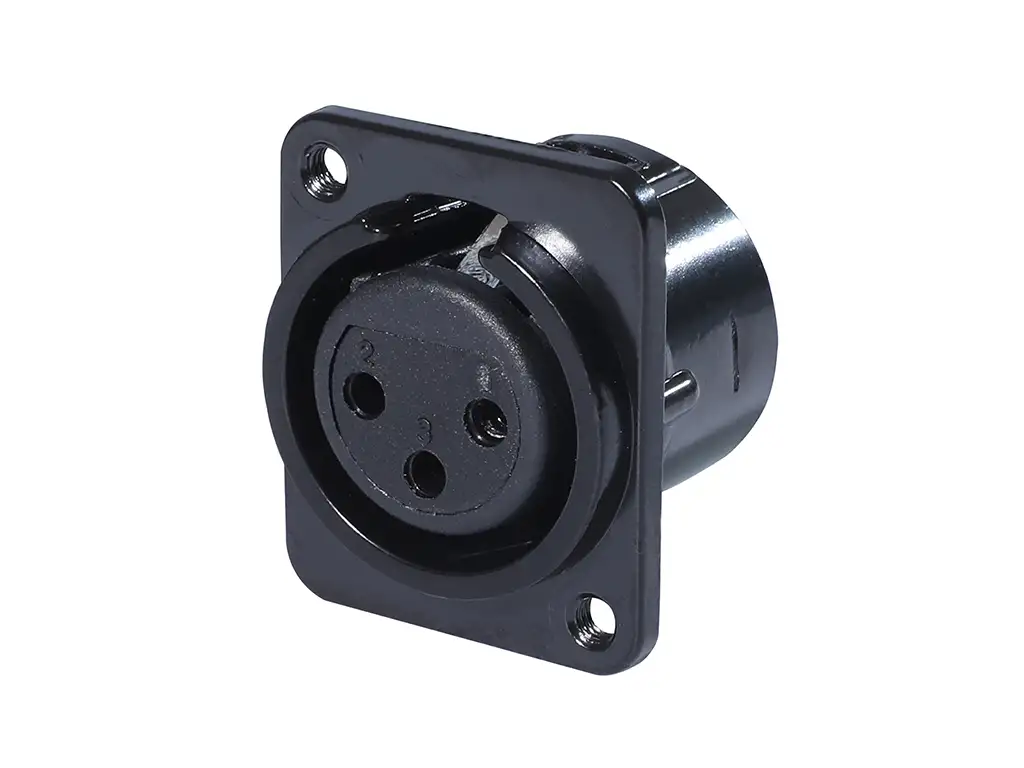 Newtide XR0276B-3P 3-pole XLR female chassis connector with retention spring (no push latch), black-plated D-shape metal housing, M3 screw hole.