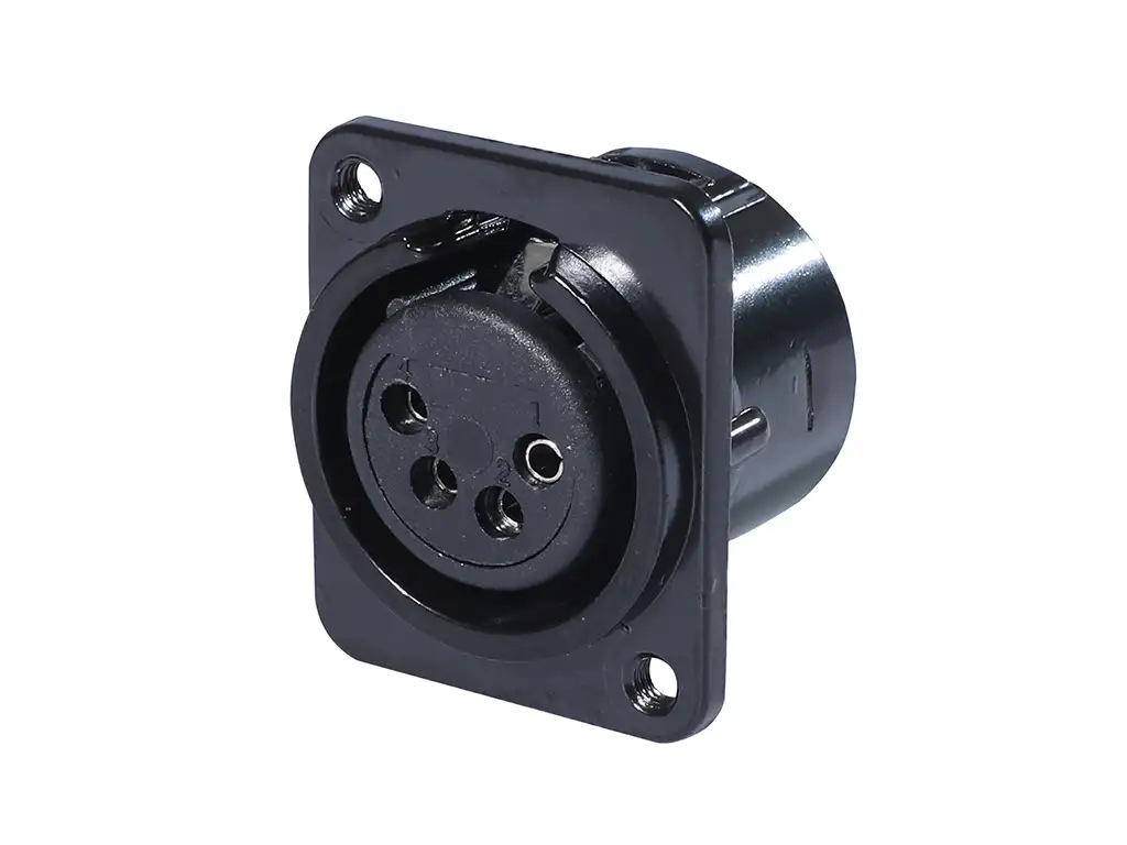 Newtide XR0276B-4P 4-pole XLR female chassis connector with retention spring (no push latch), black-plated D-shape metal housing, M3 screw hole.