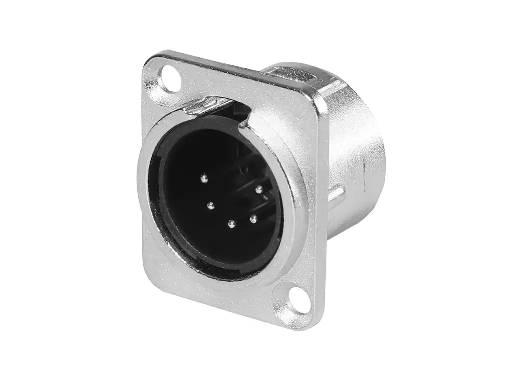 Newtide XR0280-5P 5-pole XLR male chassis connector with nickel-plated D-shape metal housing.