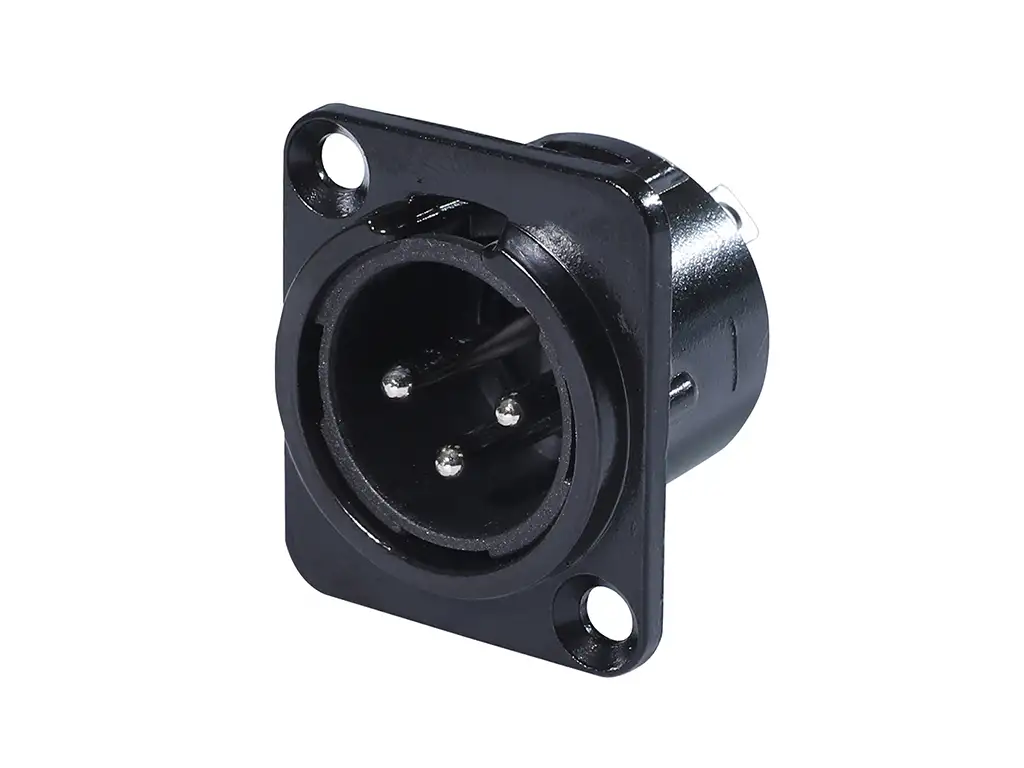 Newtide XR0280B-3P 3-pole XLR male chassis connector with black-plated D-shape metal housing.