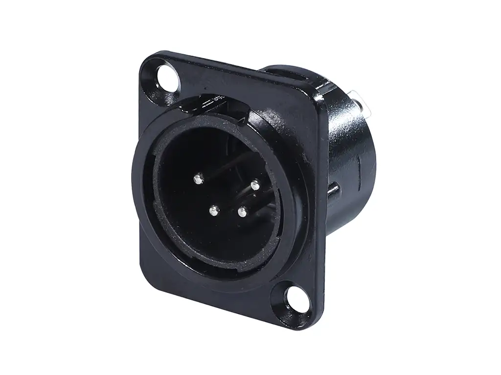 Newtide XR0280B-4P 4-pole XLR male chassis connector with black-plated D-shape metal housing.