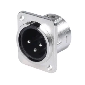 Newtide XR0281-3P 3-pole XLR male chassis connector with nickel-plated D-shape metal housing, M3 screw hole.