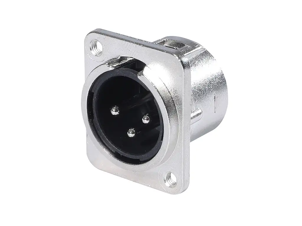 Newtide XR0281-3P 3-pole XLR male chassis connector with nickel-plated D-shape metal housing, M3 screw hole.
