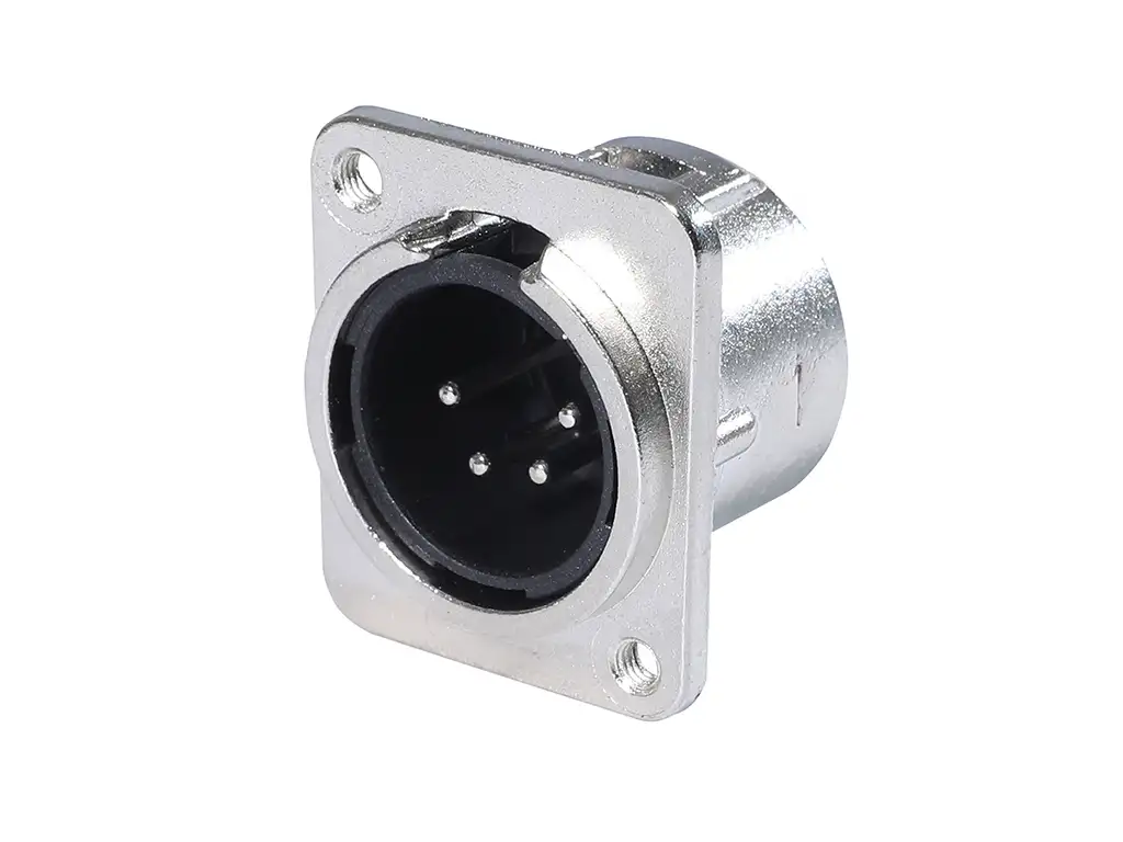 Newtide XR0281-4P 4-pole XLR male chassis connector with nickel-plated D-shape metal housing, M3 screw hole.